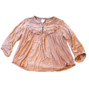 Knox Rose Womens Large Dusty Rose Boho Crochet Lace Peasant Blouse 3/4 Sleeve